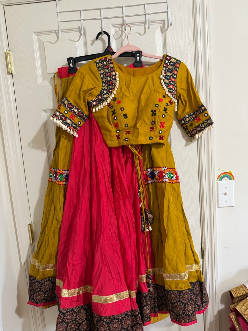 Girls' Traditional Mustard & Pink Embroidered Lehenga Set